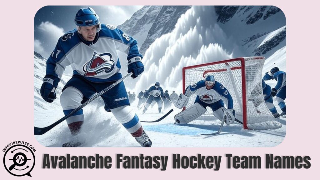 Ice hockey players in blue and white jerseys with the Avalanche logo, playing on a snowy rink with mountains in the background, representing creative hockey team names.