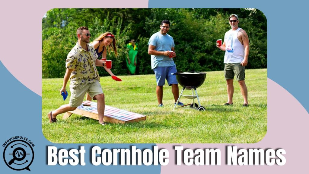 Players enjoying a backyard game with funny and cool cornhole team names.