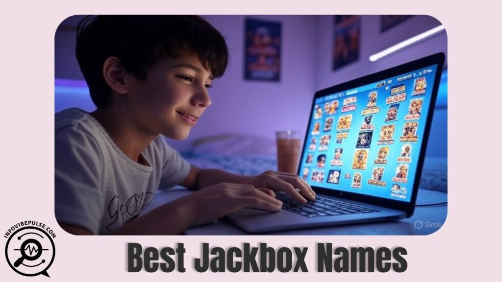 A smiling young boy playing Jackbox Games on a laptop with colorful character avatars on the screen, suggesting fun and creative Jackbox name ideas.