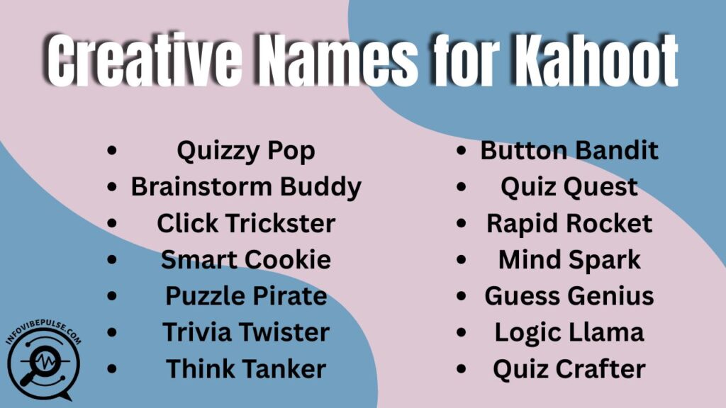 Creative Kahoot names list with fun ideas like Quizzy Pop and Logic Llama.