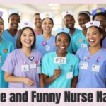 Smiling nurse holding a badge with a funny nurse name, wearing colorful scrubs in a bright hospital setting.