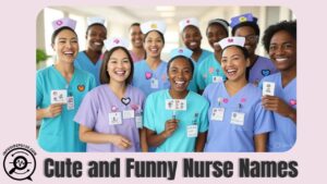 Smiling nurse holding a badge with a funny nurse name, wearing colorful scrubs in a bright hospital setting.