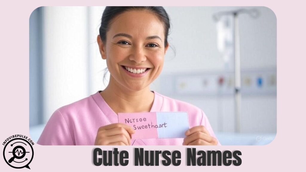Smiling nurse in pastel scrubs holding a name tag with a cute nurse name.

