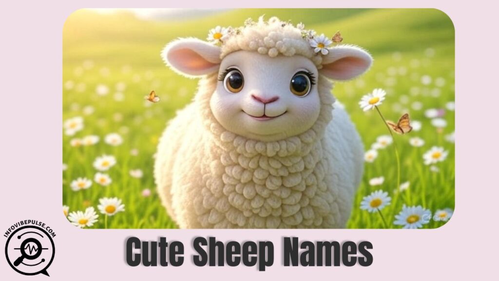Adorable fluffy sheep with big eyes and a sweet smile, standing in a sunny meadow, representing the charm of cute sheep names.