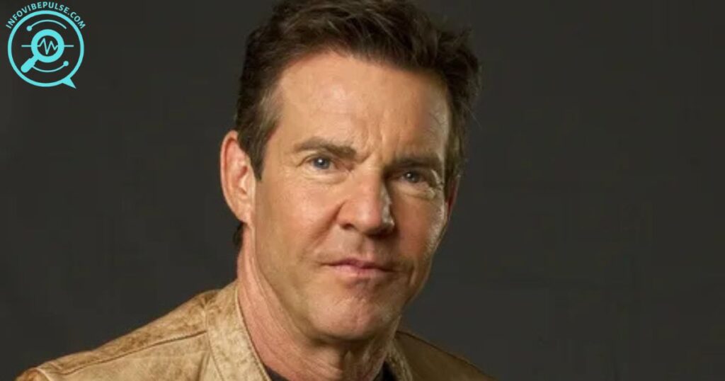 Portrait of Dennis Quaid wearing a brown leather jacket, looking serious against a dark background.