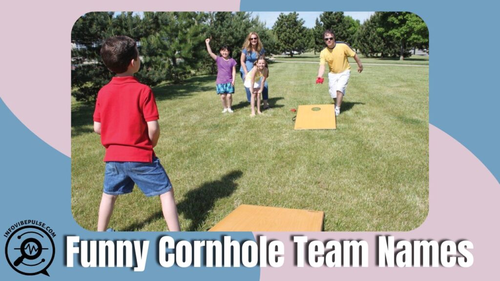 Players enjoy a backyard match with boards showing funny cornhole team names.