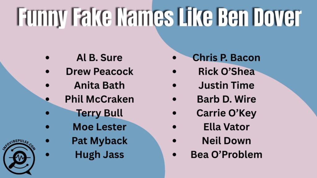Funny fake names like Ben Dover for jokes, pranks, and playful humor ideas