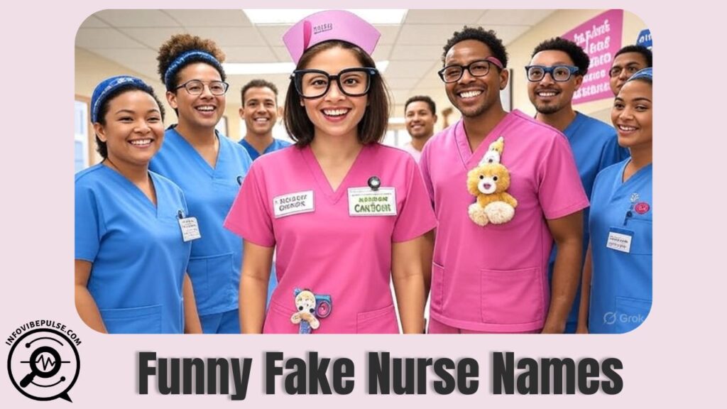 A playful illustration showing a nurse badge with funny fake nurse names like “Nurse B. Careful” and “Nurse I.M. Tired” in colorful letters.