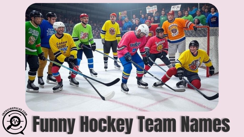 A lively group of ice hockey players wearing colorful jerseys with humorous hockey team names, standing on the rink with smiles and playful energy.