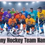 Professional ice hockey players in colorful jerseys battling for the puck on a bright indoor rink, symbolizing unique and creative hockey team names.