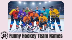 Professional ice hockey players in colorful jerseys battling for the puck on a bright indoor rink, symbolizing unique and creative hockey team names.