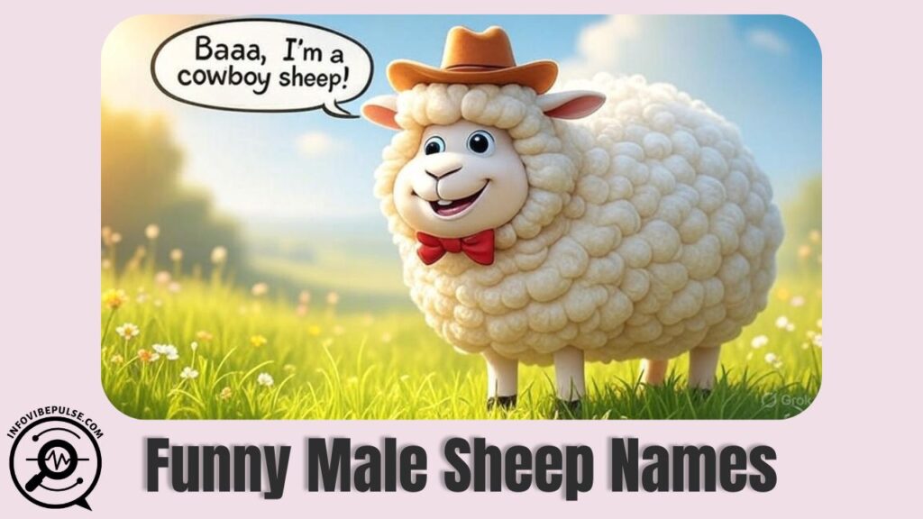 Cartoon cowboy sheep with fluffy wool and red bow tie, representing funny male sheep names in a cheerful and playful style.