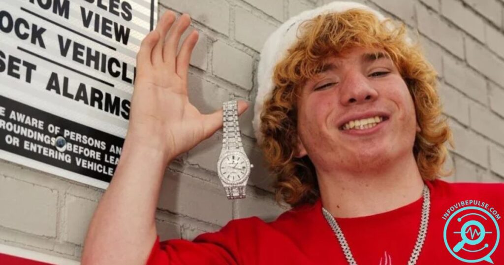 Lil Man J smiling in a red outfit while holding up an iced-out luxury watch, highlighting his success and flashy lifestyle.