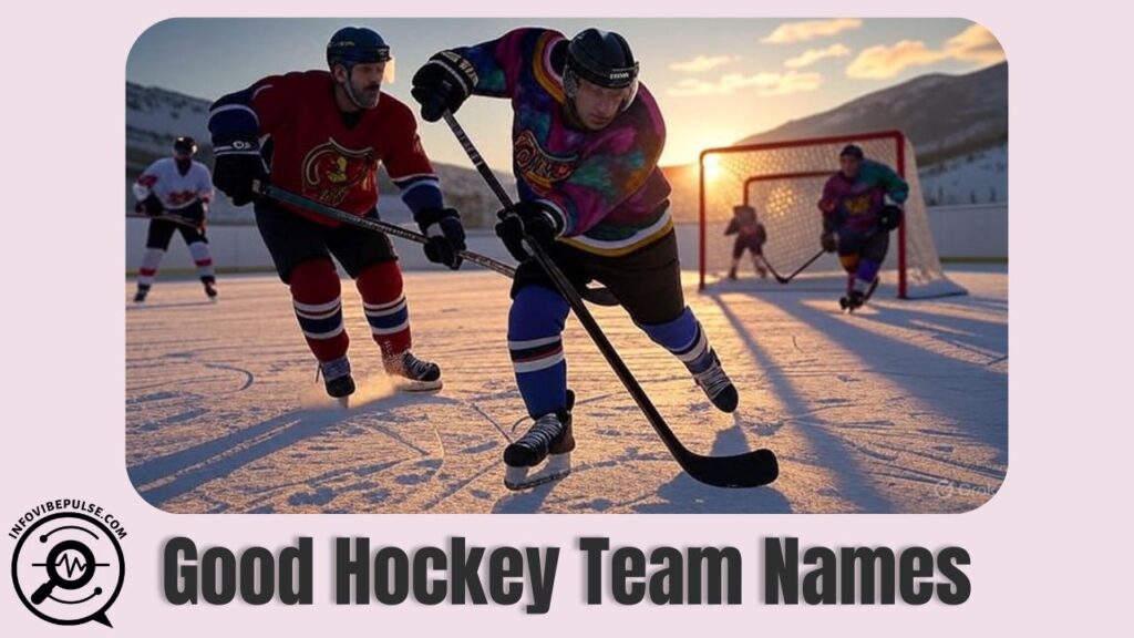 Hockey players in matching uniforms skating across an icy rink during an intense game, symbolizing teamwork and good hockey team names.