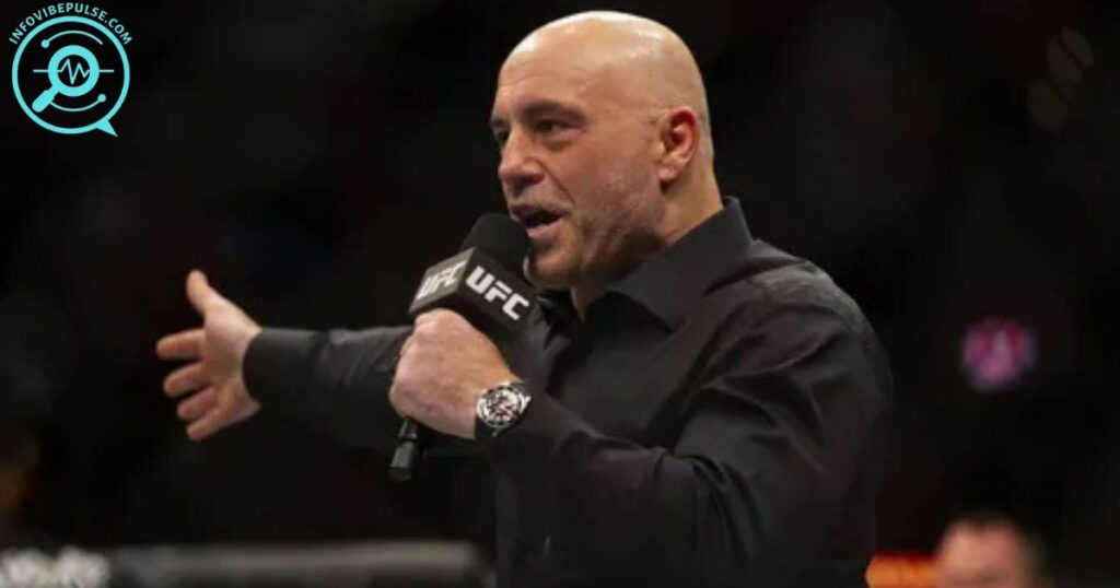Joe Rogan delivering live UFC commentary with intense fight reactions