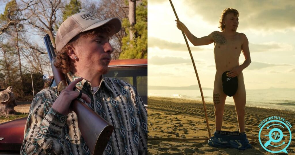 Lil Man J posing with a rifle in an outdoor setting and standing on a beach holding a spear, symbolizing his unique personality and lifestyle.