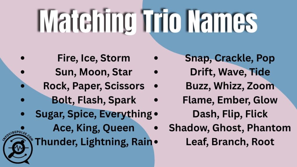 Three friends laughing together with colorful text reading “Matching Trio Names”