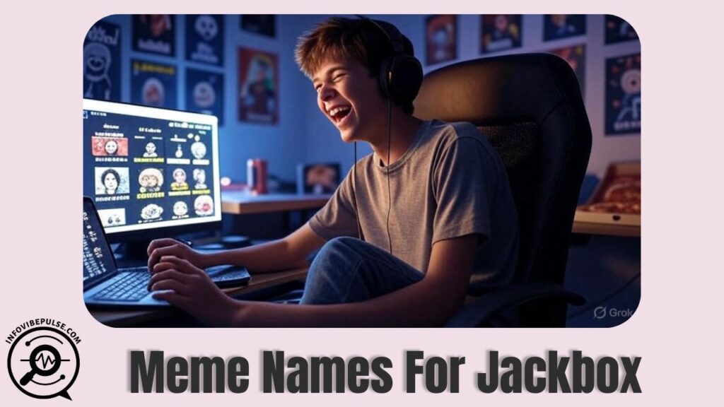 Teen boy laughing while playing Jackbox Games at a desk, with meme-style avatars on screen, highlighting the fun of using meme names in Jackbox.
