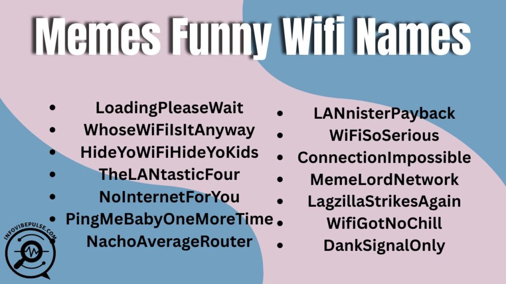 List of memes-inspired funny WiFi names displayed in a creative design