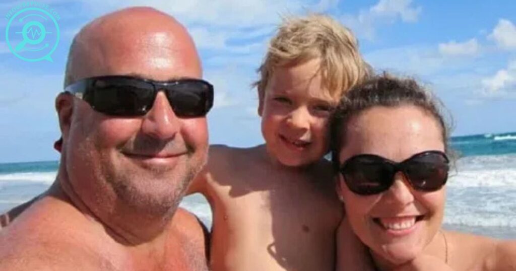 Rishia Haas enjoying a beach day with her family, smiling with her husband and child under sunny skies