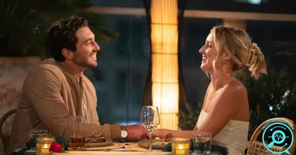 Thor Herbst and Daisy Kent smiling and holding hands during a romantic dinner date, highlighting their relationship.