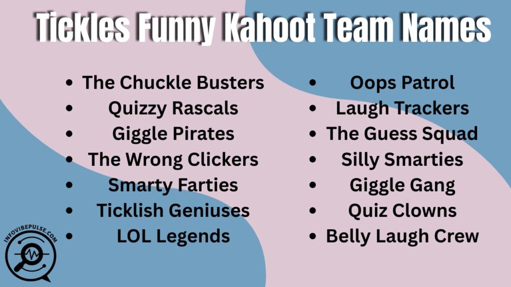 Text graphic showing “Tickles Funny Kahoot Team Names” with playful theme.
