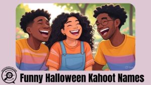 Three friends laughing together with fun, colorful text about trio names above.