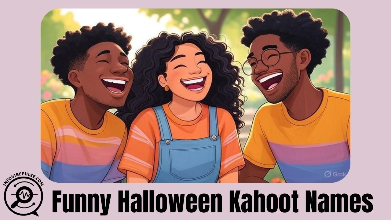 Three friends laughing together with fun, colorful text about trio names above.