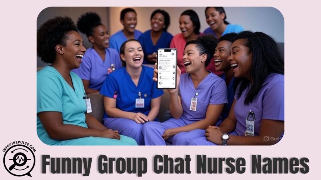 A group of nurses laughing together, holding phones with witty, funny group chat nurse names displayed on the screens.

