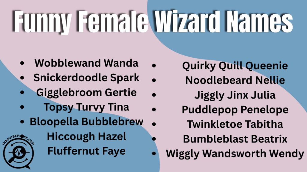 Funny wizard names for female characters that are playful, clever, and magical.