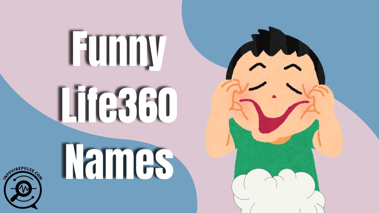 Cartoon boy making a silly face with bold text Funny Life360 Names.